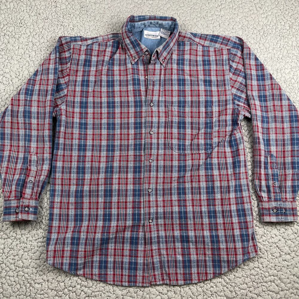 Vintage Stone Mesa Jean Co. Button Down Shirt Mens Medium Blue Tartan Plaid